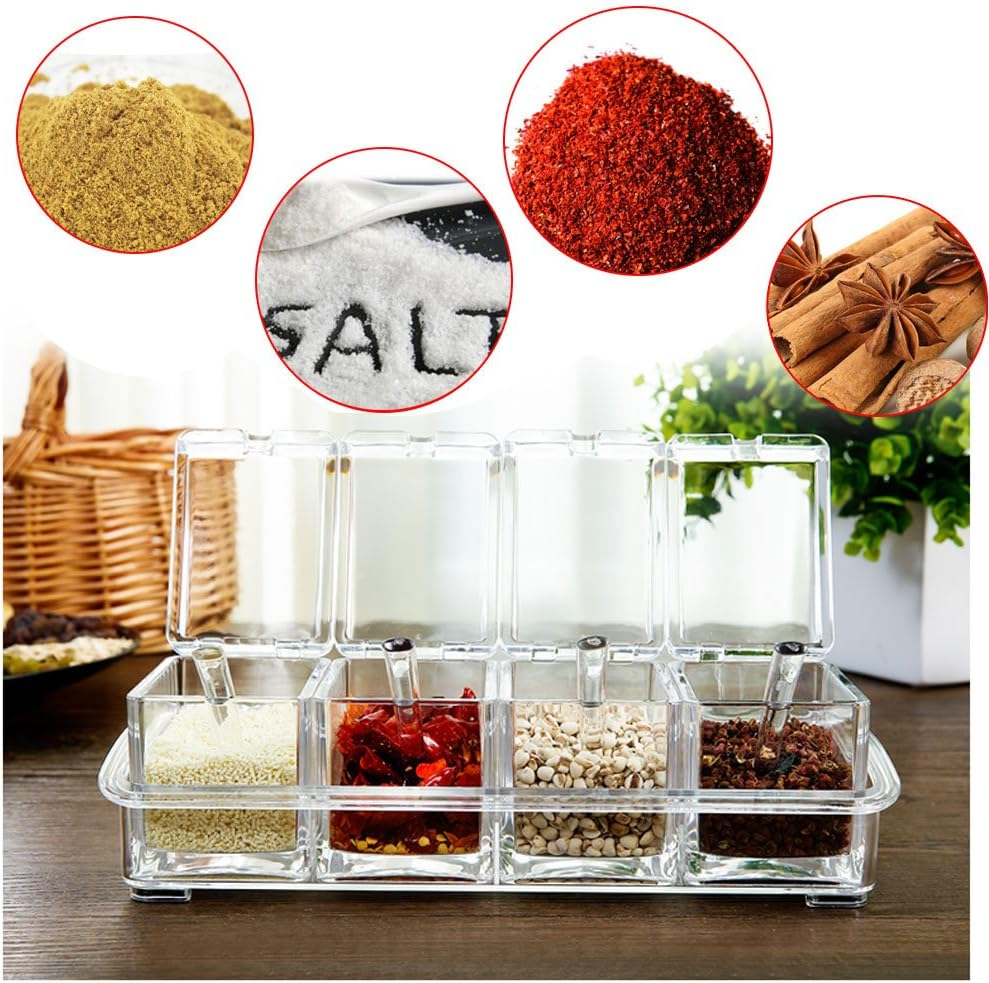 Clear Seasoning Box,4 Pieces Clear Seasoning Storage Container for Spice Salt Sugar Cruet,Condiment Jars with Spoons image number 2
