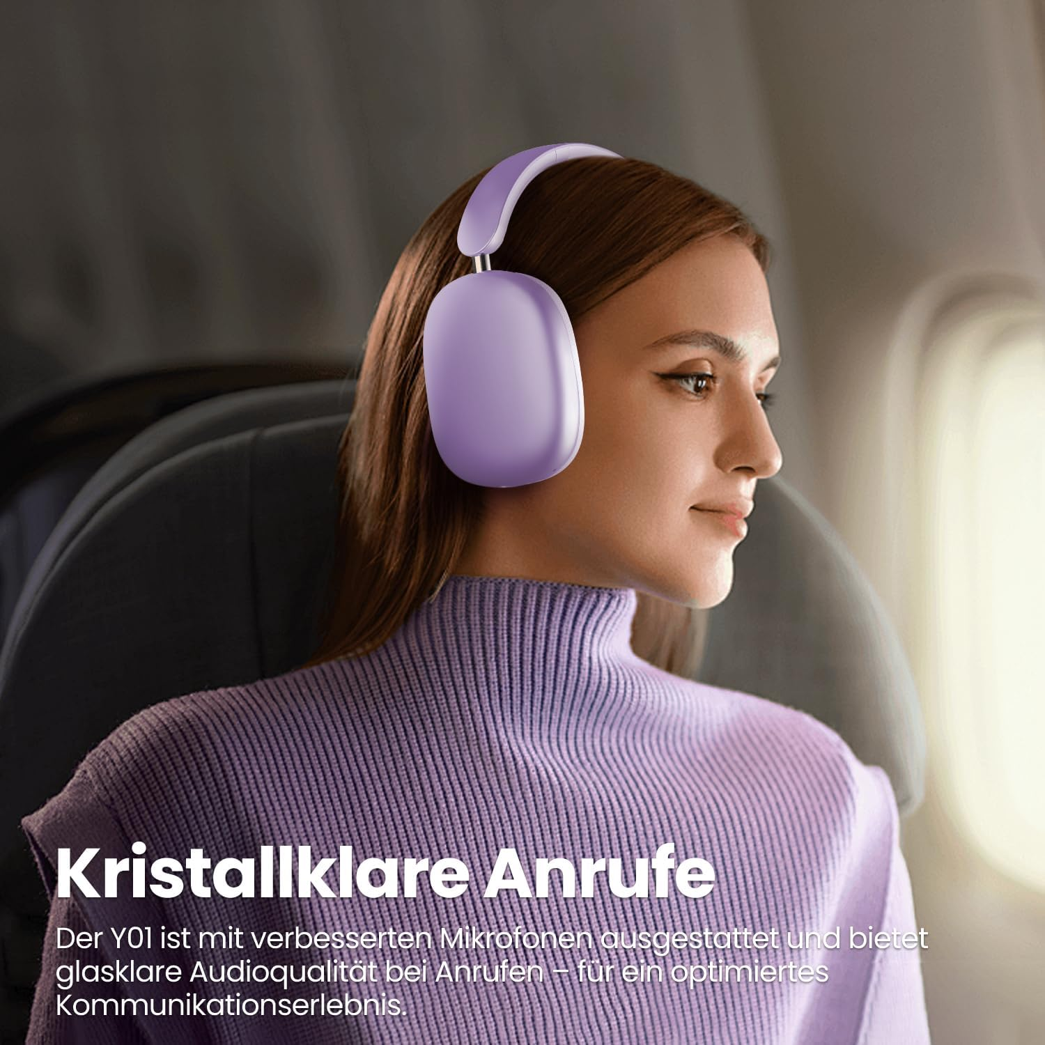 Wentronic Y01 Noise Cancelling Headphones, Wireless Over-Ear Headphones, Bluetooth 5.3, Hi-Res Sound, 48H Playback, Foldable with Microphone for Ios/Android/Pc - Purple image number 3