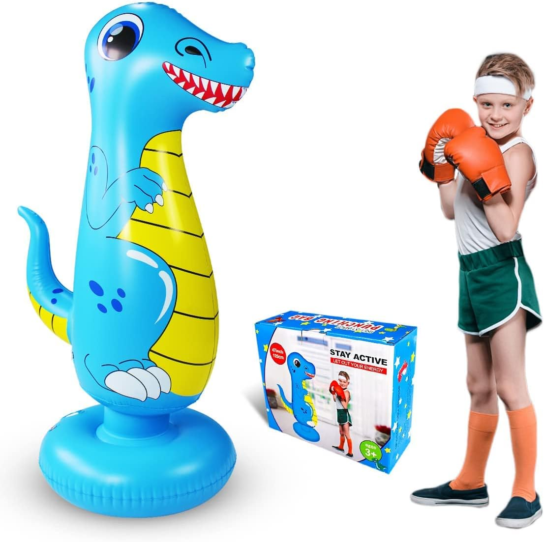 Punching Bag for Kids 47" Inflatable Dinosaur Bop Bag Free Standing Boxing Bag for Immediate Bounce Back Heavy Punching Bag for Practicing Karate,Taekwondo,De-Stress Boxing Bag for Boy/Girl