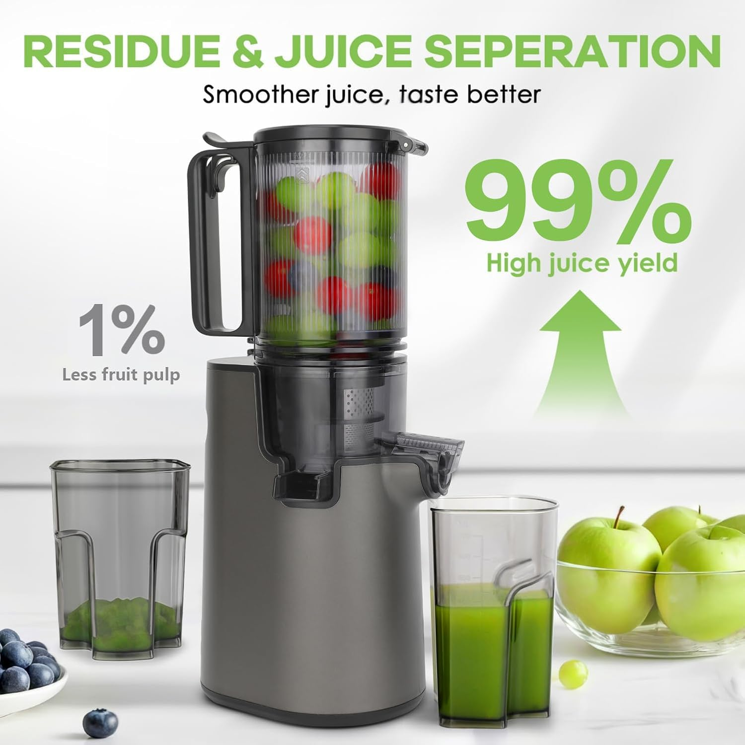 Slow Juicer, Cold Press Juicer for Whole Fruits & Vegetables, Wide 110Mm Feeding Chute, Quiet 250W Motor Juice Extractor, Reverse Function image number 6