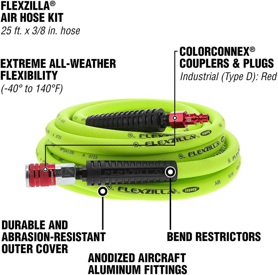 Flexzilla Air Hose with Colorconnex Industrial Type D Coupler and Plug, 3/8 In. X 25 Ft., Heavy Duty, Lightweight, Hybrid, Zillagreen - HFZ3825YW2-D image number 2
