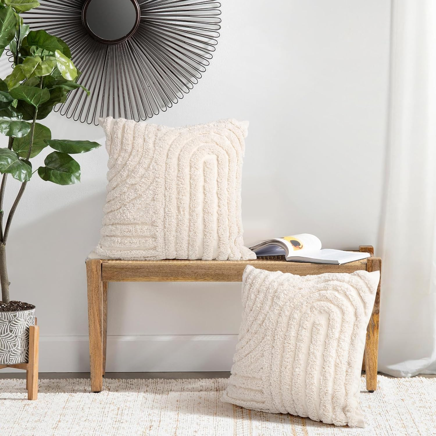 AELS Boho Decorative Textured Throw Pillow Covers 18X18, Set of 2, Modern Abstract Mid Century Rainbow Tufted Pillow Case, Farmhouse Rustic Neutral Woven Cushion Case for Bed Couch Sofa, Creamy White image number 2