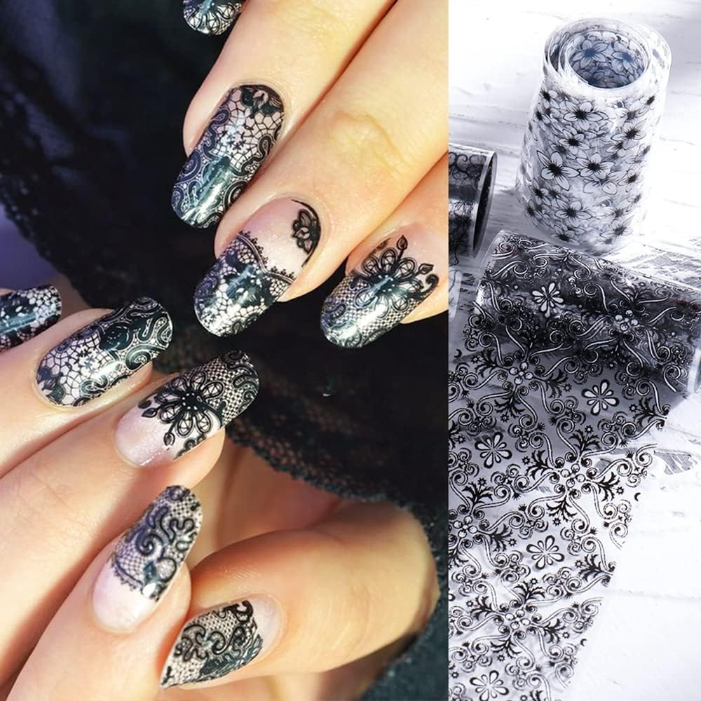 Lace Nail Art Foil Transfer Stickers Black White Flower Foil Transfers Decals Nail Supplies Starry Sky Lace Flowers Nail Foils Nail Art Adhesive Transfer Foils Sticker for Women Girls Manicure Tips image number 6