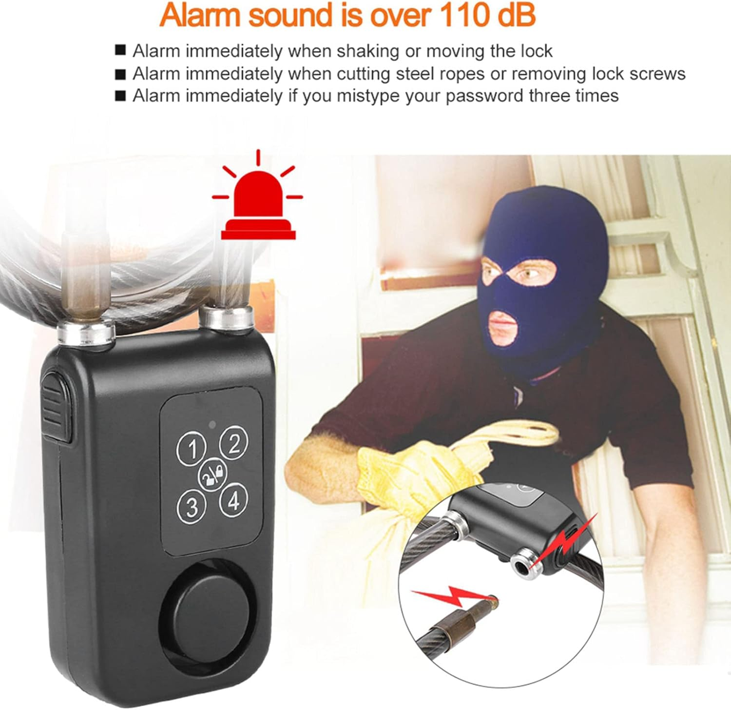 Intelligent Bicycle Lock, Anti-Theft Bicycle Alarm Lock 110Db Universal Security Alarm Lock Waterproof Alarm Cable Lock image number 4