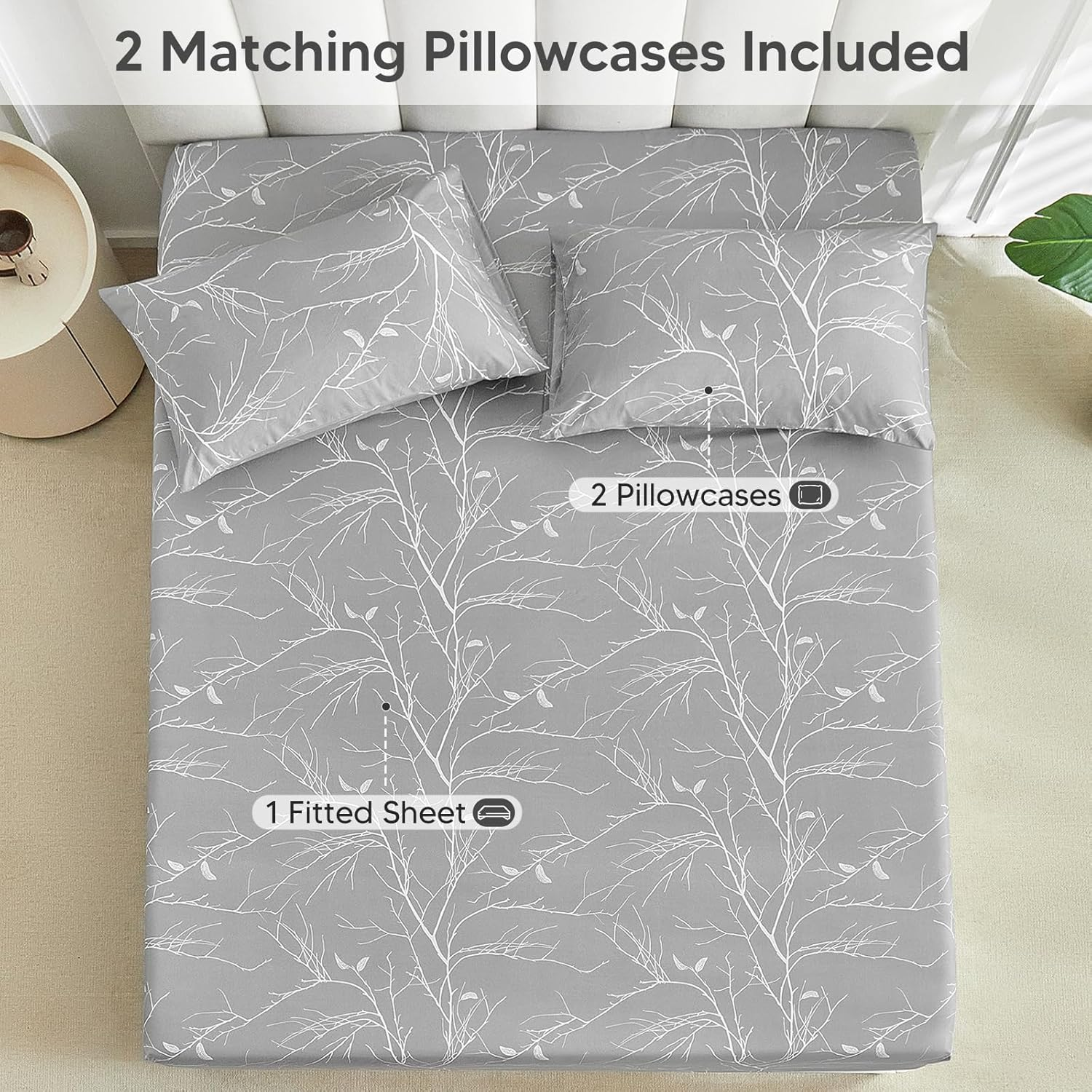 Tokokimo Fitted Sheet 160 X 200 Cm, 35 Cm Large Pockets with 2 Pillowcases 50 X 80 Cm - Soft, Double-Sided Microfibre Duvet Cover with Branch Motif, Grey/White image number 4