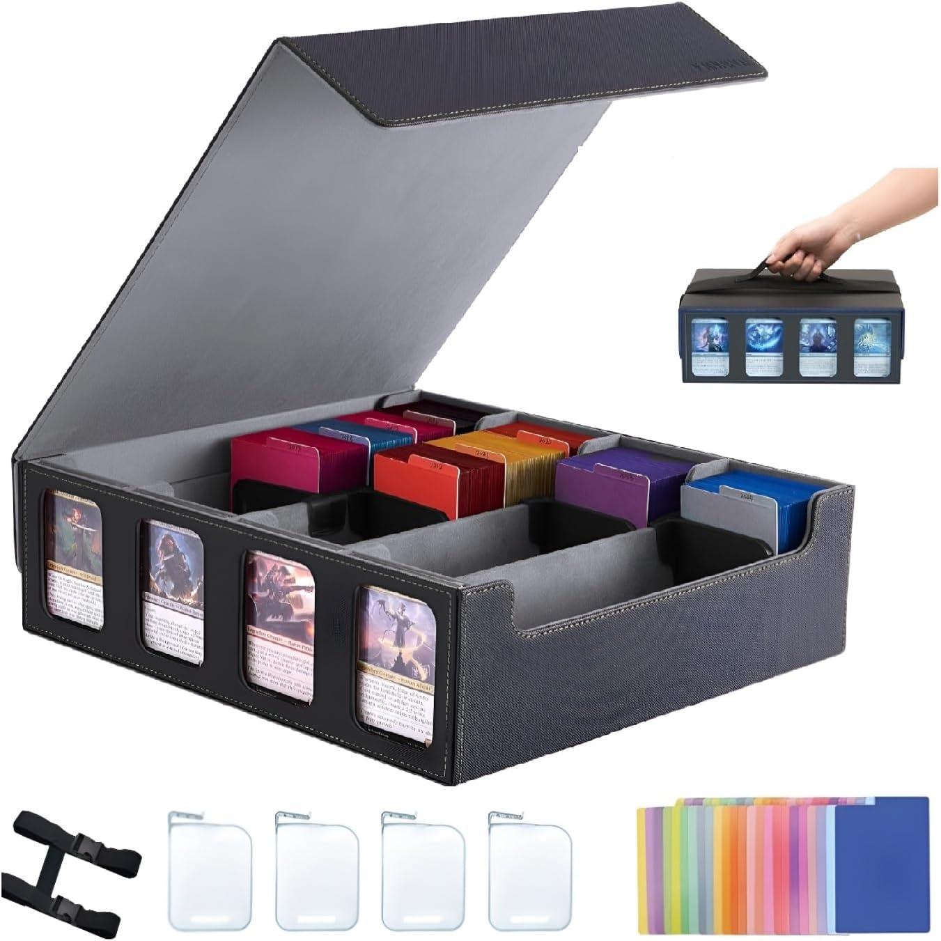 Cyperever Card Deck Box Trading Card Storage Box, Playing Card Case with 4 Display Windows, Magnetic Storage Boxes with 3000+ Trading Cards Storage, 48 Colorful Dividers, 4 Supporters & Strap Black image number 2