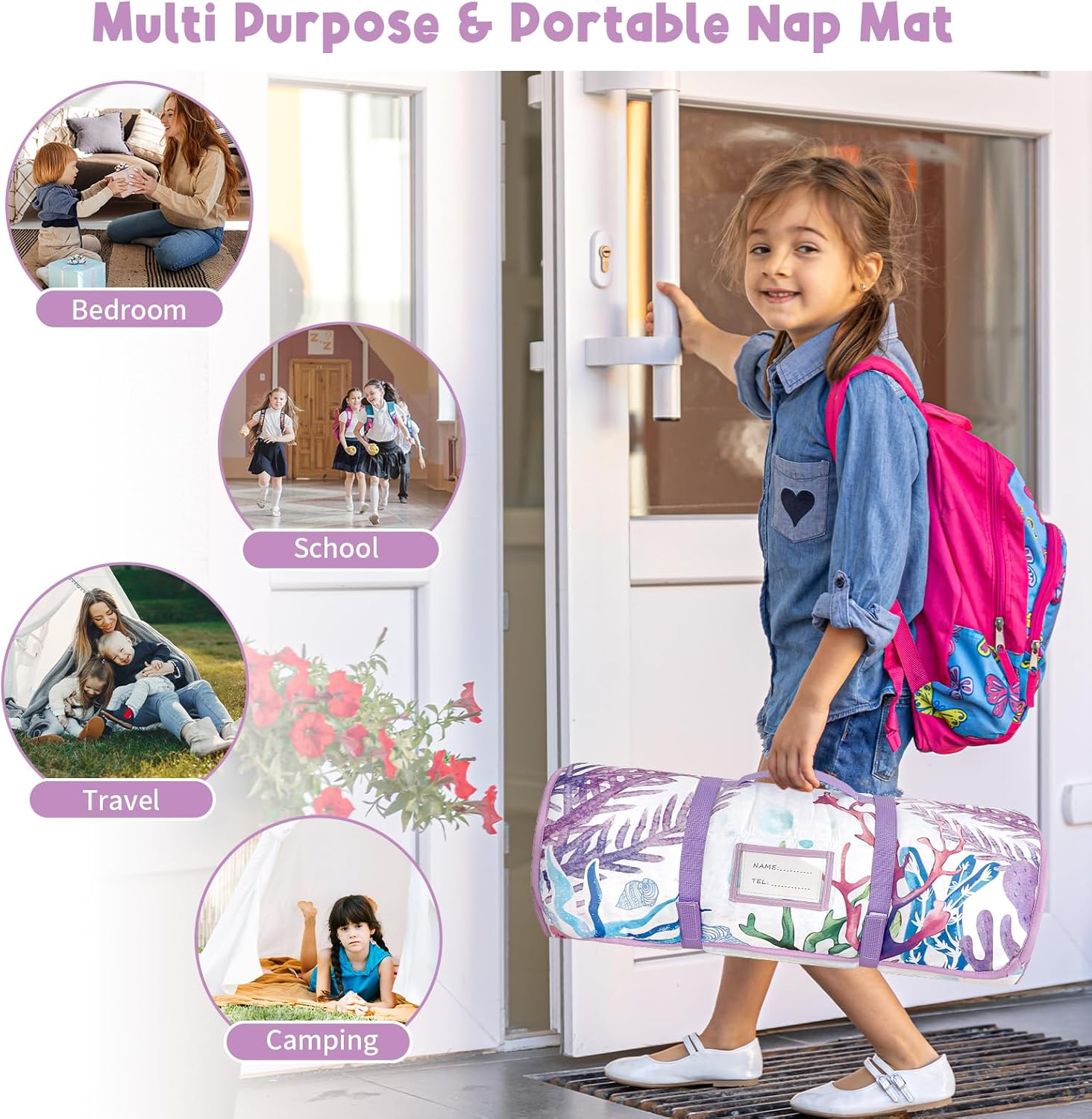 Toddler Nap Mat with Removable Pillow & Soft Minky Blanket, HNHUAMING Extra Large Rolled Napping Mats for Girls Boys, Kids Slumber Bags for Daycare, Preschool Travel Camping image number 5