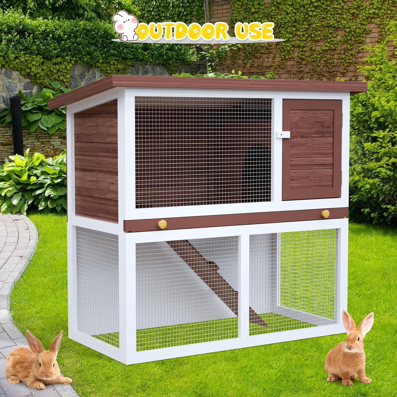 Advwin Rabbit Hutch Bunny Cage, 2 Storey Wooden Chicken Coop Guinea Pig Outdoor Hutch Weatherproof, with Removable Trays for Small Animals, 90L X 45W X 80Hcm - Brown image number 3