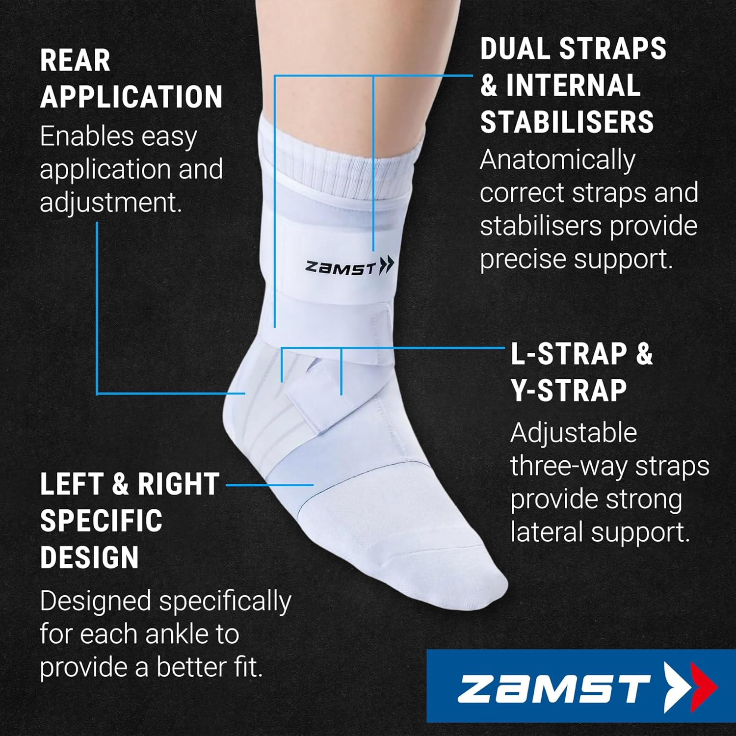 Zamst A1 Ankle Brace for Sports - Breathable Sports Ankle Support for Men and Women with Adjustable Three Way Straps for Moderate Lateral Ankle Sprain - White, Right, Medium