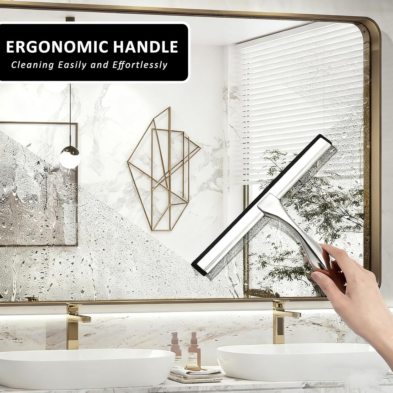 Rubber Blade Shower Squeegee for Glass Doors, Stainless Steel Squeegee with 2 Adhesive Hooks Replacement, Bathroom Window Squeegee for Home, Tile Wall, Mirrors Glass Wiper Cleaning Tool image number 4