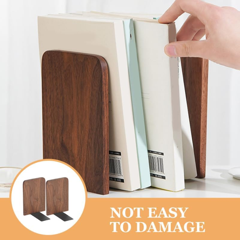 Cabilock Decorative Bookends 2Pcs Set - Wood and Iron Book Holder for Bookshelf Stylish Desktop Organizer 17 X 12 X 11Cm for Home and Office