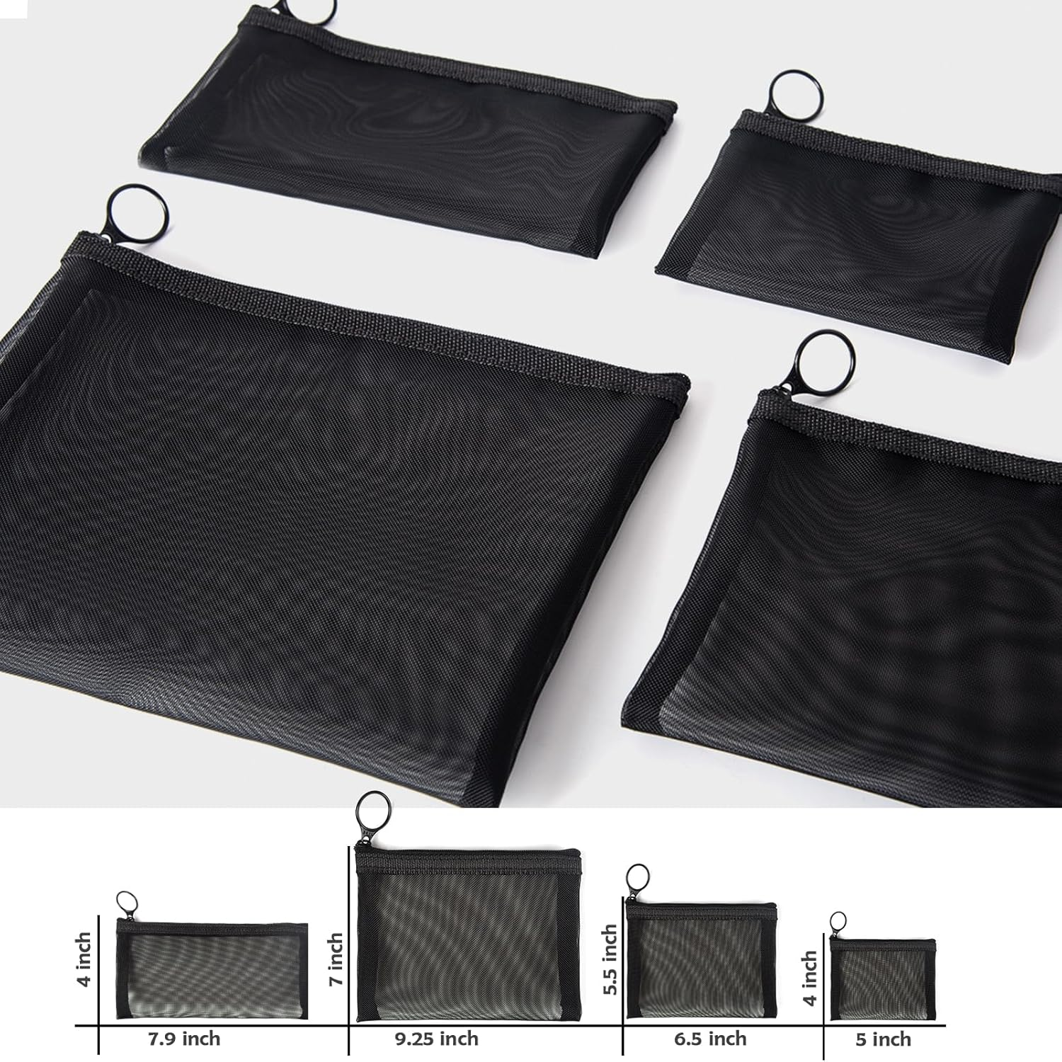 Patu Zipper Mesh Bags, Pack of 4 (S/M/L & Pencil Pouch), Beauty Makeup Cosmetic Accessories Organizer, Travel Toiletry Kit Set Storage Case, Black image number 4