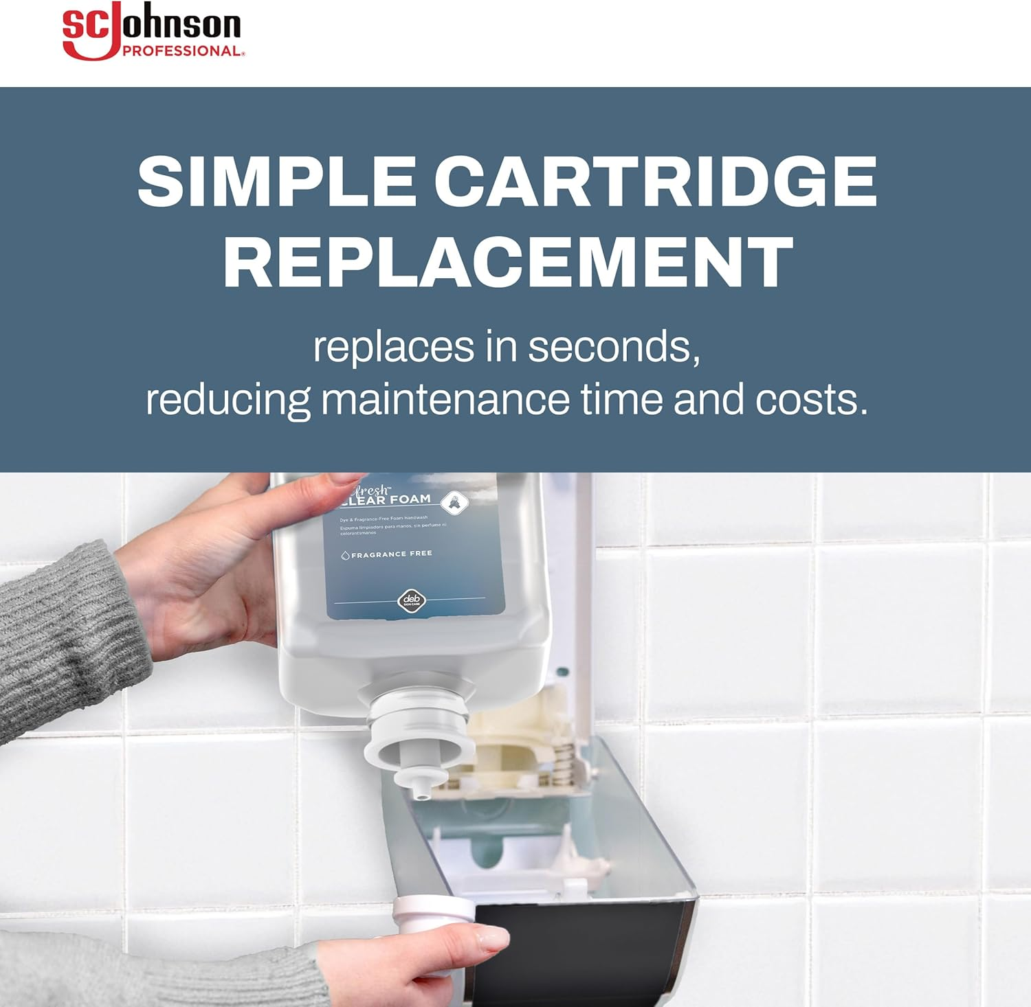 SC Johnson Professional Clear FOAM Dispenser and Refill Starter Kit, Wall Mount Soap Dispenser for Hand Soap, 1 Refresh Clear FOAM Hand Wash, 1 Liter Cartridge, 33.8 Fl. Oz., for Professional Use Only image number 2