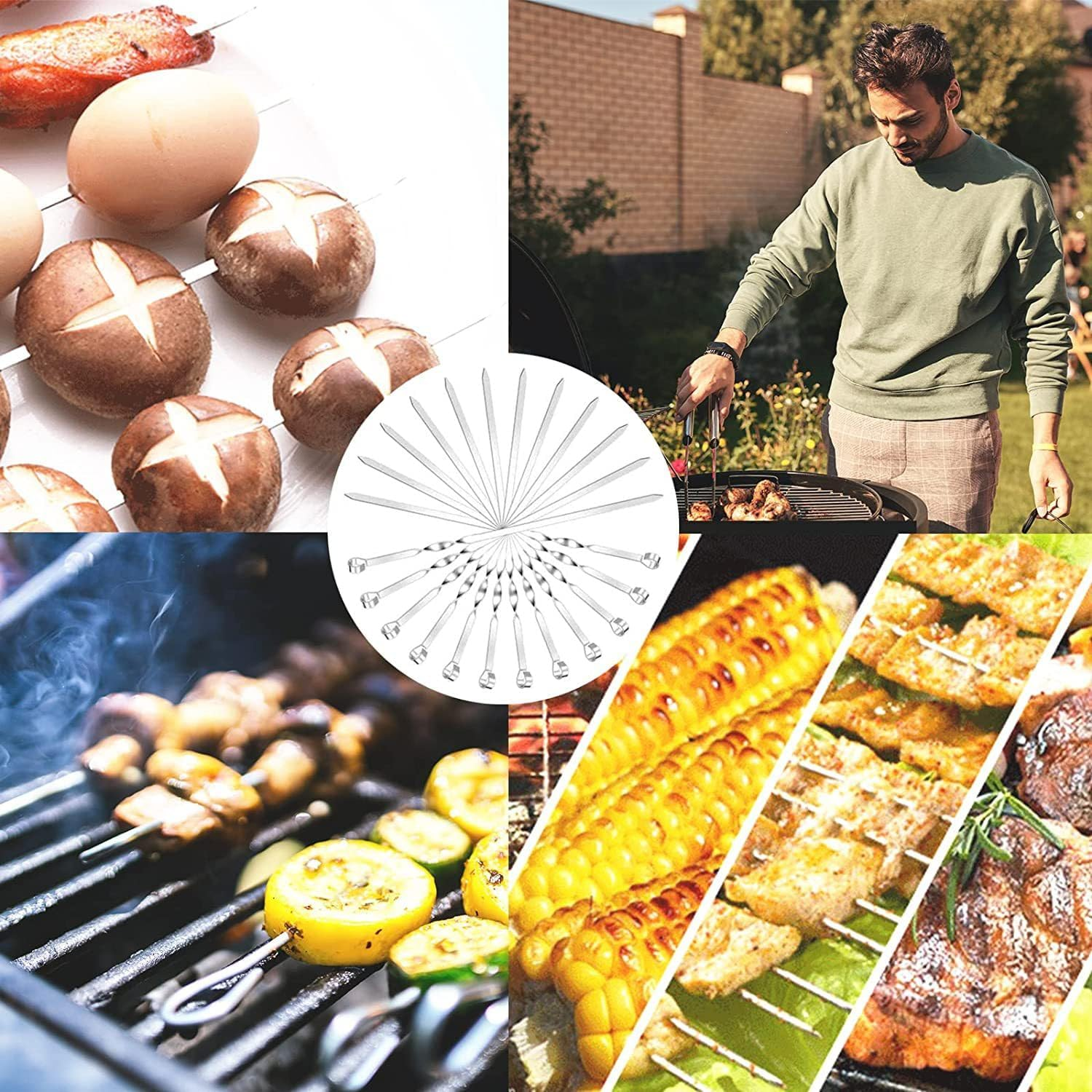 Skewers for Kabobs, 16" Metal Kebab Skewers for Grilling Flat Long Stainless Steel Kabob Skewers Sticks, 20 Pack, Reusable Grill Shish BBQ Barbecue Skewers for Meat Chicken Vegetable Shrimp image number 6