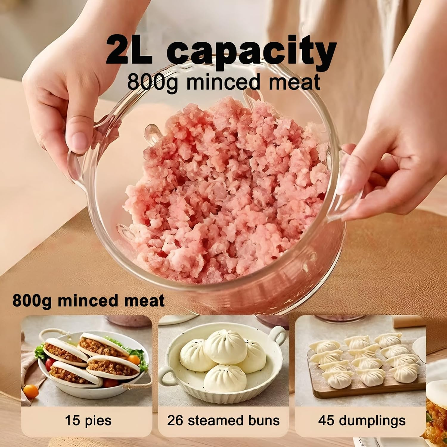 Electric Food Processor, 2L Electric Chopper with Meat Grinde&Rgarlic Chopperr, Multi-Functional Cuisine Blender with 4-Blade X-Blade for Grinding Meat and Vegetables Kitchen Utensils