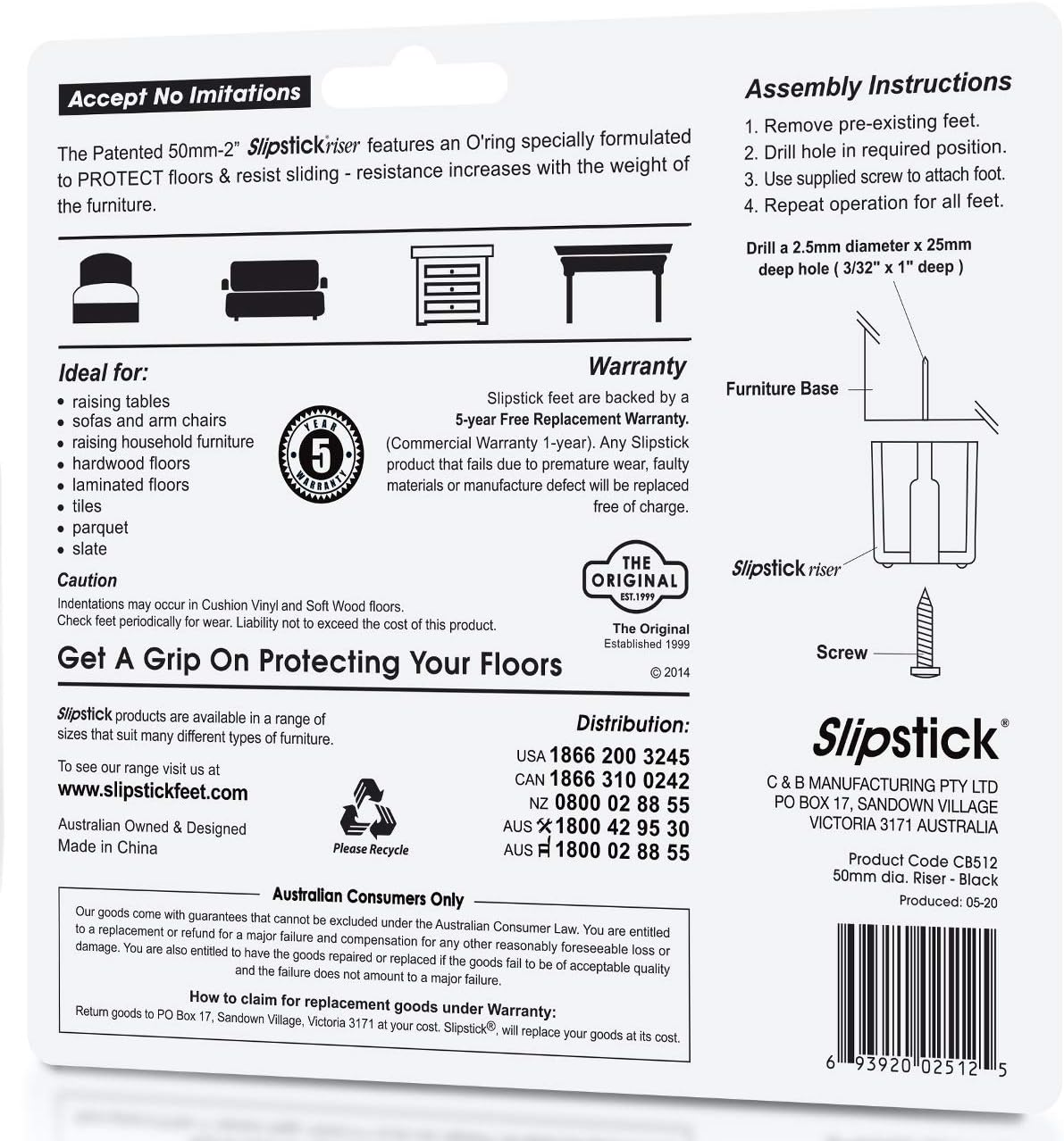 Slipstick CB512 2 Inch Tall Floor Protector Furniture Legs with Non Slip Rubber Grip (Set of 4) 2" Wide X 2" Height - Black Plastic image number 1