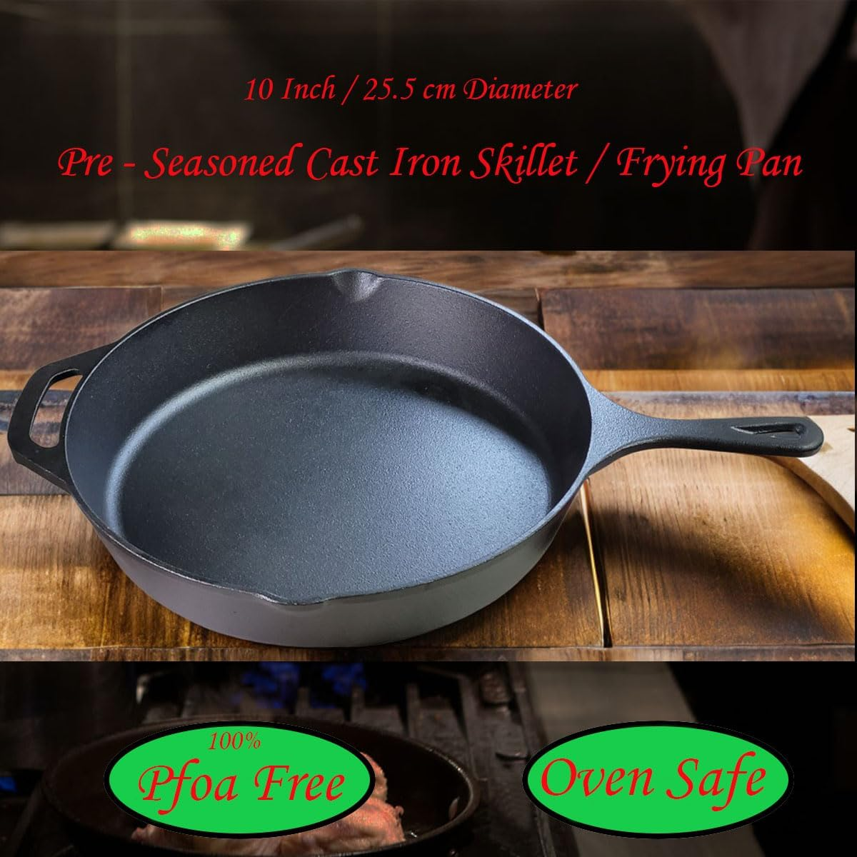 La Cuisine Pre-Seasoned Cast Iron 10&rdquo; (25 Cm) Skillet Griddle Frying Pan &ndash; Ideal for Indoor & Outdoor Use, Oven Safe. PFOA and PTFE Free image number 2