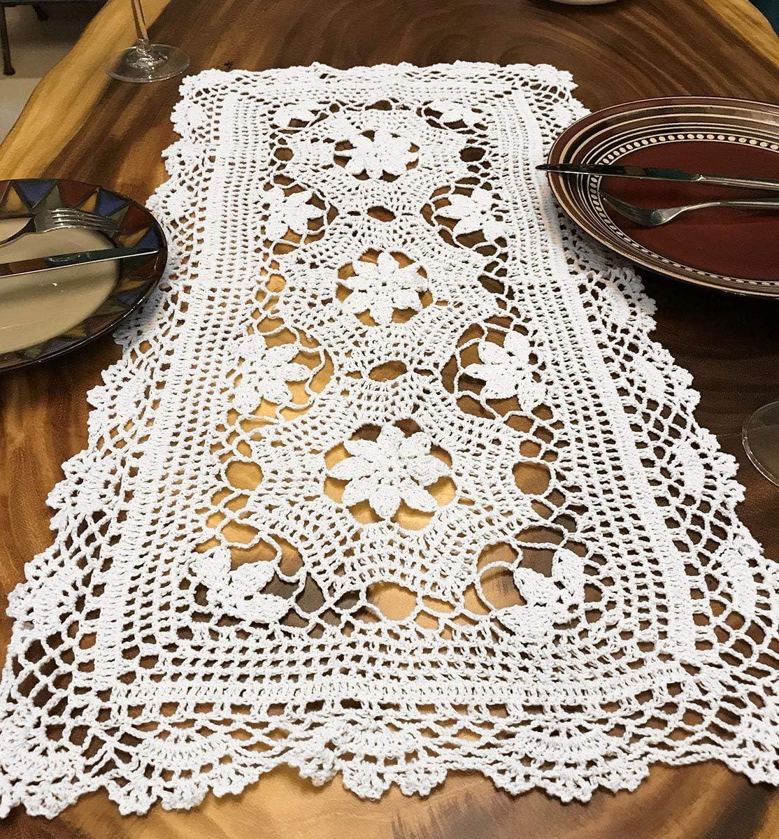 Janef White Handmade Crochet Cotton Table Runner Lace Doilies Doily Rectangle Dresser Scarves,16 by 28 Inches. image number 5