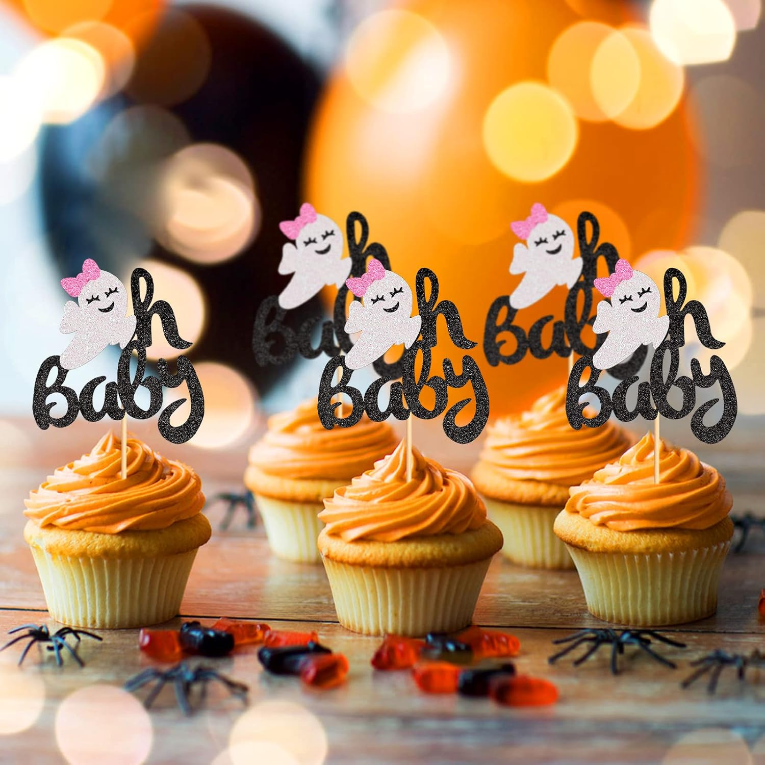 24 Pack Ghost Oh Baby Cupcake Toppers Halloween Cupcake Picks Pink Bow Ghost Oh Baby Cupcake Decors for Halloween Theme Baby Shower Birthday Party Cake Decorations Supplies