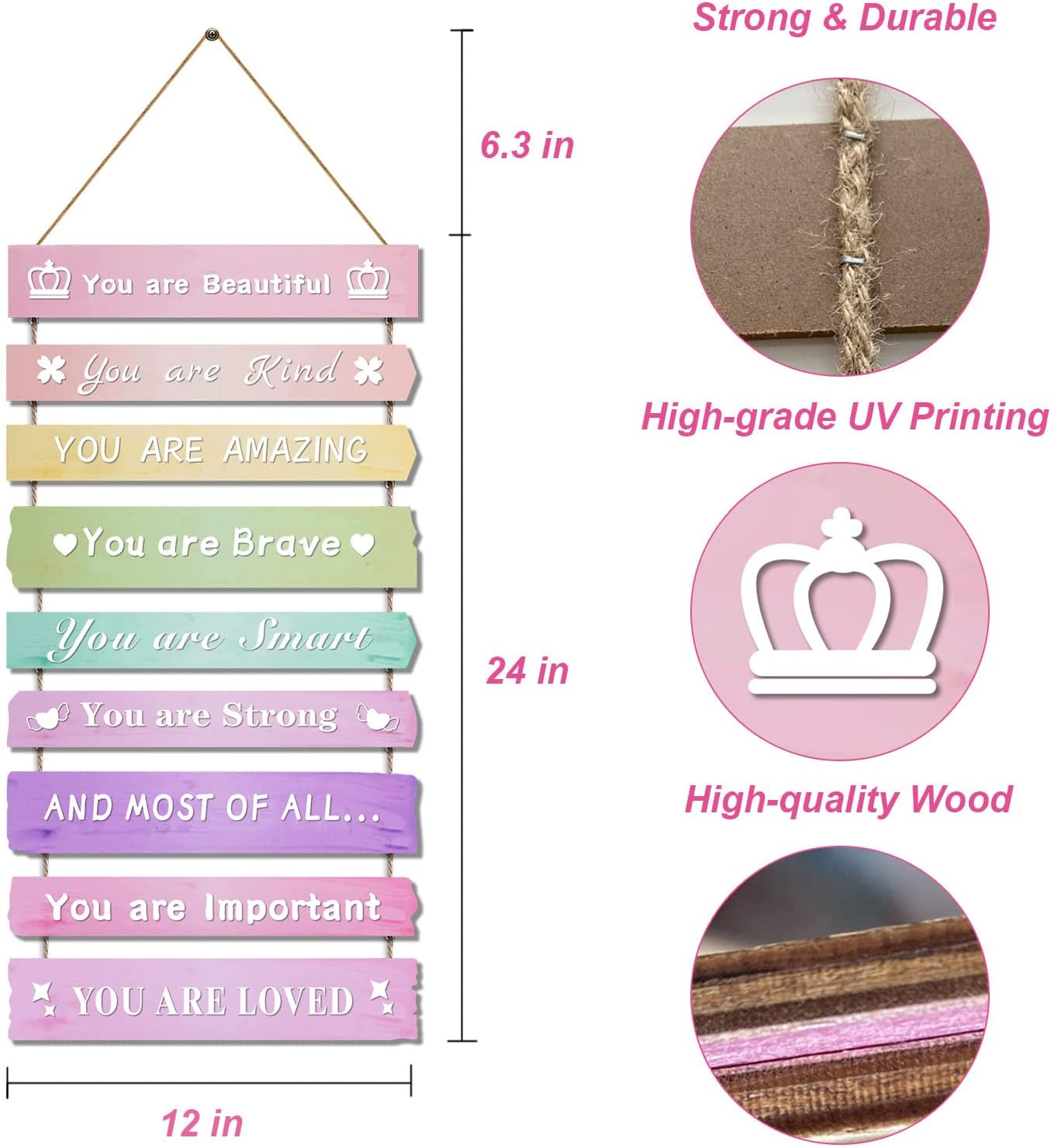 Pink Room Decor for Teen Girls Aesthetic, Cute Bedroom Wall Decor for Baby Girl, Boho Rainbow Wall Art Signs, Trendy Stuff Decorations for Kids Nursery Bed Room Dorm Classroom Bathroom image number 1