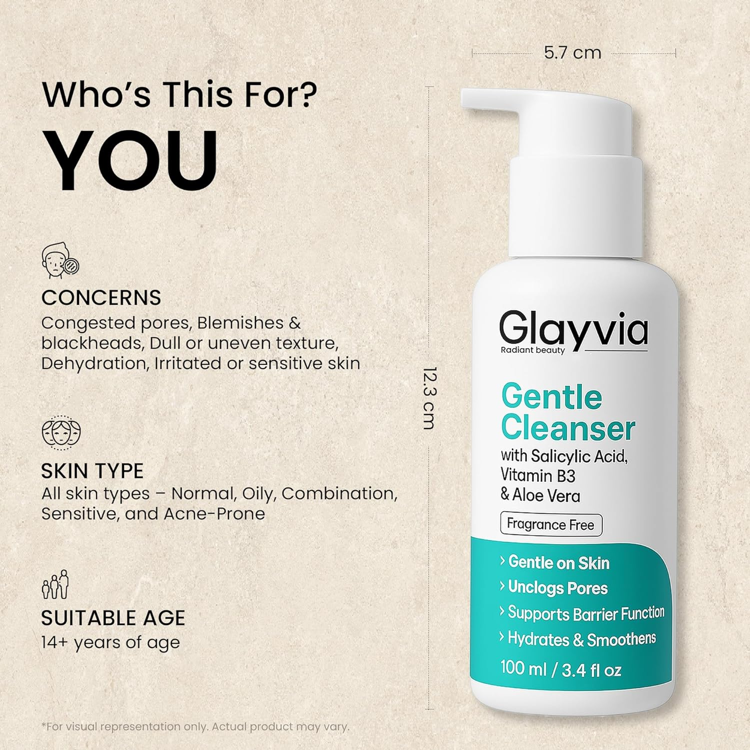 Glayvia Gentle Cleanser &ndash; Salicylic Acid (BHA) + Niacinamide + Aloe &ndash; Fragrance-Free, Ph-Balanced Daily Face Cleanser image number 3