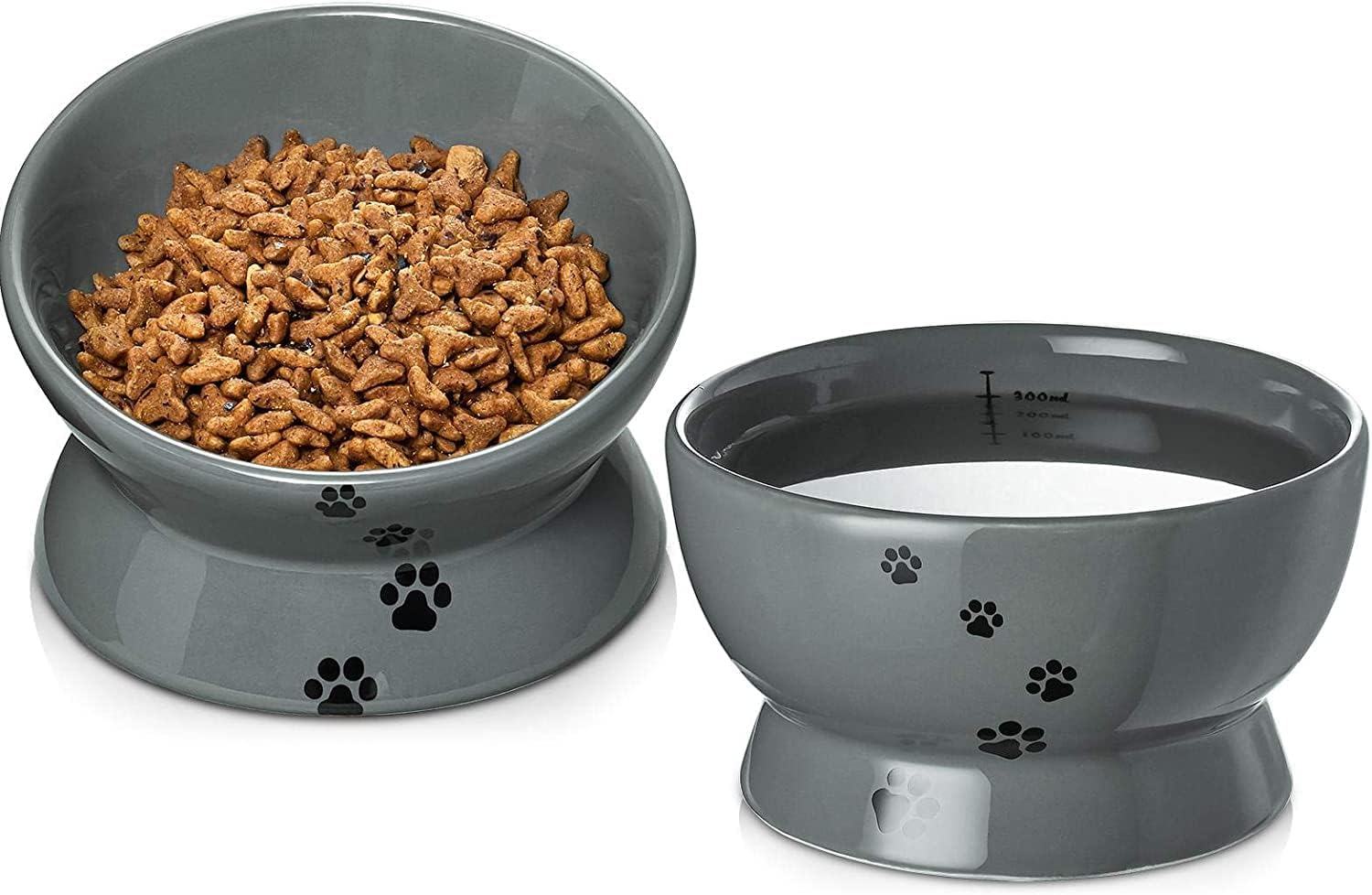 Y YHY Raised Cat Food and Water Bowl Set, Tilted Elevated Feeder, Ceramic Collection, No Spill Pet Bowls for Flat-Faced Cats and Small Dogs, Set of 2, Grey