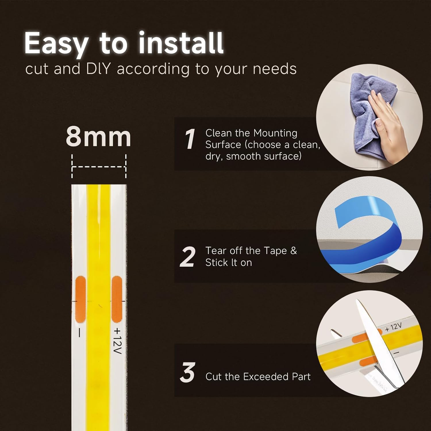 PERVADEO COB LED Strip 12V, 5M COB LED Strip Warm White 3000K Cuttable Flexible 320LED/M, CRI>90, for Bedroom, Home Decoration (No Power) image number 3