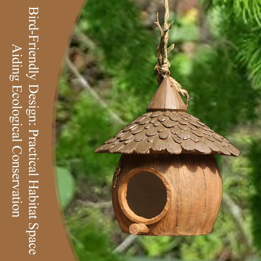 Hanging Birdhouse,Outdoor Hanging Resin Birds House, Small Nesting Box, Finches Rest Nest, Coconut Shape Garden Decor, with Rope, for Balcony, Tree, Courtyard image number 2