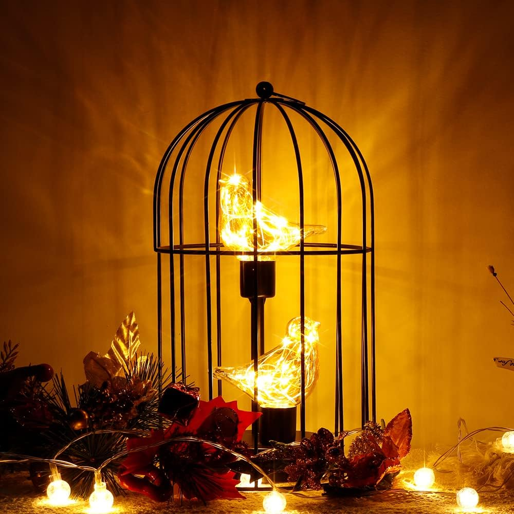 JHY DESIGN Birdcage Decorative Lamp Battery Operated 30CM Tall Cordless Accent Light with Warm White Fairy Lights Bird Bulb for Living Room Bedroom Kitchen Wedding Xmas(Black) - Black Double Bird image number 3