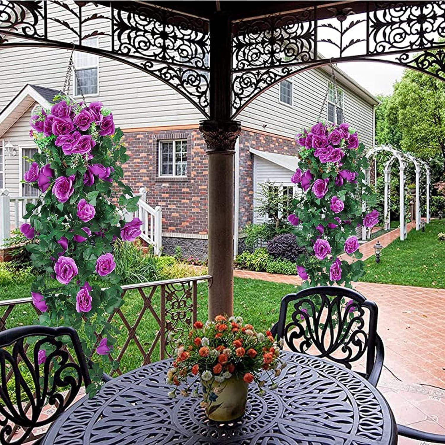 JLHOUSE AU7040-4 Artificial Hanging Rose Plants Fake Rose Flowers Faux Ivy Hanging Vines Wall D&eacute;cor Wedding Home Garden Decoration (Purple) - Purple Rose image number 2