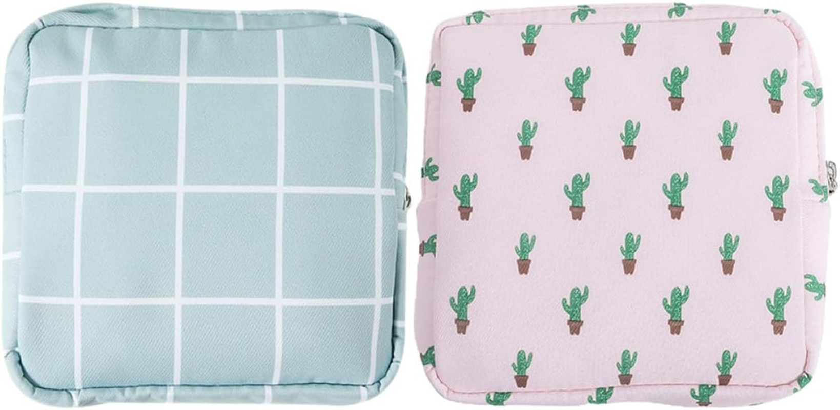 DINHEAROM 2Pcs Waterproof Sanitary Napkin Bags for Women Travel, Reusable Tampon Bags with Large Capacity, Portable Period Pouches for Outdoor and Household Use, Blue Plaid Cactus Pattern image number 6
