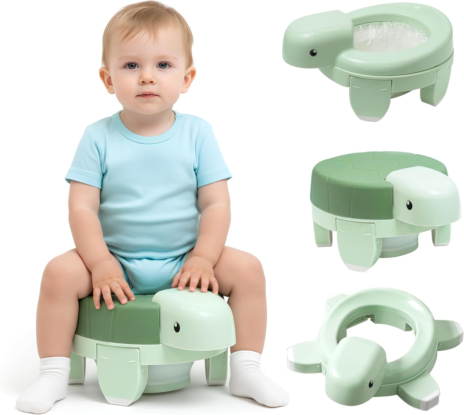 Rndeen 4-In-1 Training Toilet for Baby & Toddlers 0-48 Months Foldable Portable Travel Potty Seat Disposable Bags Cute Turtle Potty Easy Clean Easy Carry Perfect for Home Car On-The-Go Use (Yellow)