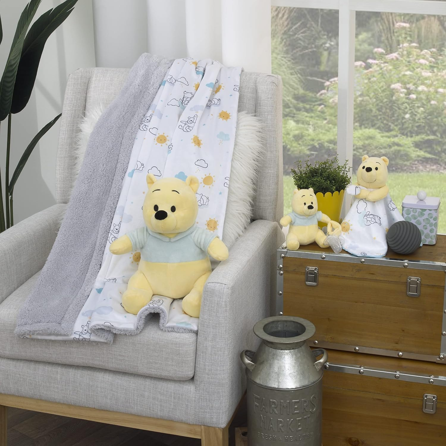 Disney Winnie the Pooh White, Yellow, and Aqua Sunshine and Clouds Super Soft Velboa with Sherpa Back Baby Blanket - Disney Mickey Mouse Striped image number 5