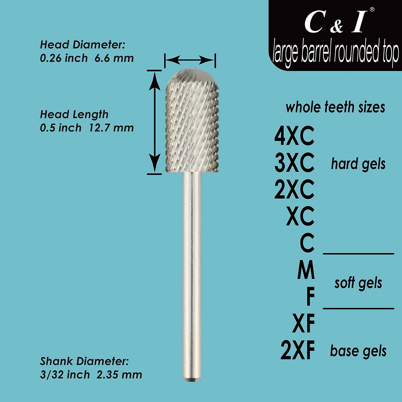 C & I Rounded Top Nail Drill, Large Barrel Edition, E-File Head for Nail File Machines, Design for Quick Remove Gel Nails (Double Coarse - 2XC) image number 6