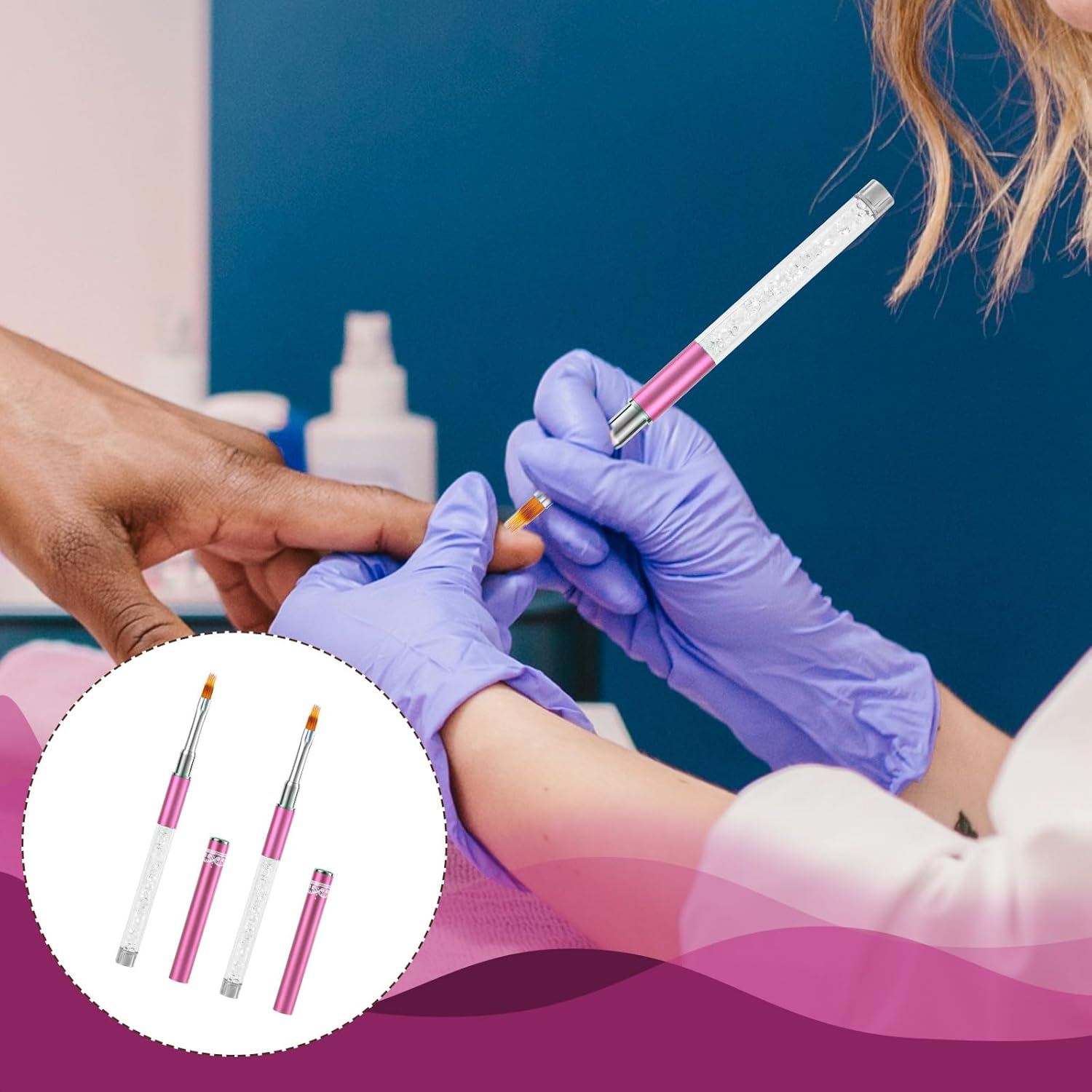 2Pcs Ombre Nail Brushes, Nail Painting Art Brushes with Rhinestone Handle Gradient Nail Design Brushes for Nail Extension Manicure Cleaning Gradient Gel Polish