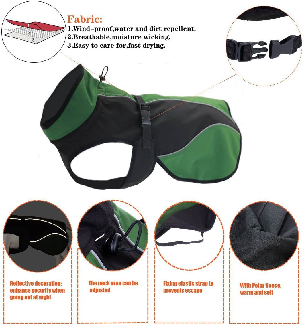 Dog Soft Shell Fleece Jacket,Windproof and Slightly Waterproof Snowsuit for Outdoor.Keep Warm Small &Medium &Large Dogs, Outer Material: Green & Black Inner Black, X-Small/20-30Cm Back Length image number 3