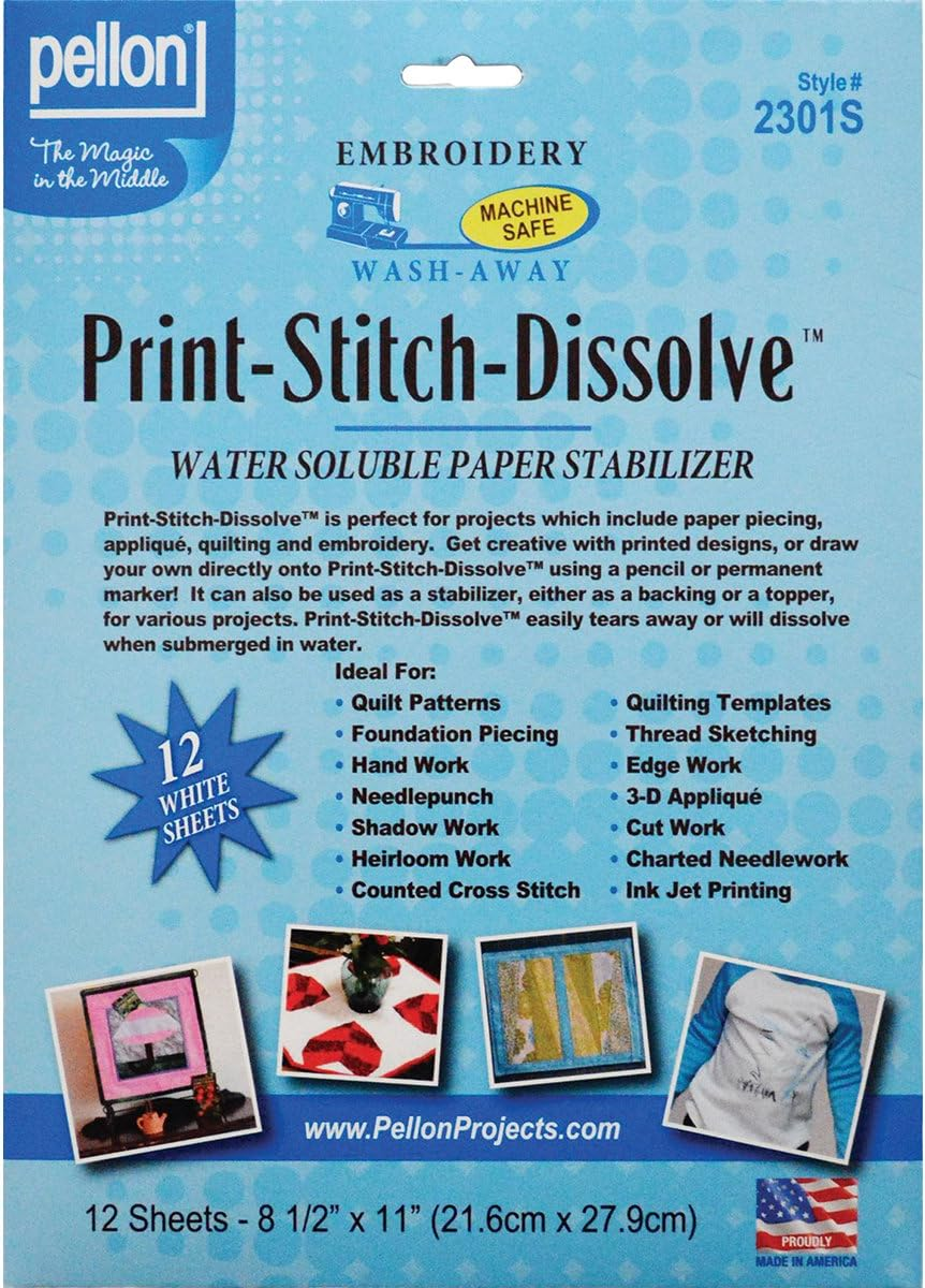 Pellon Print-Stitch-Dissolve Stabilizer for Embroidery, 8.5 by 11-Inch, White, 12-Pack
