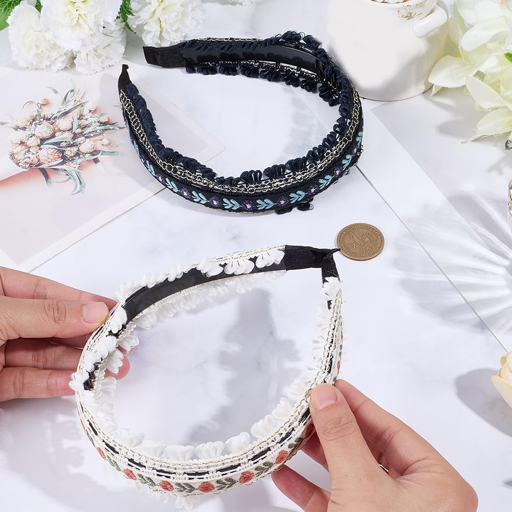 CABODYALS 2 Pieces 2 Colours Black White Trendy Ethnic Floral Embroidered Headbands Floral Boho Hair Bands Vintage Headband Set with Fringe Embroidery for Women Wedding Outfit Dress Hairstyle image number 2