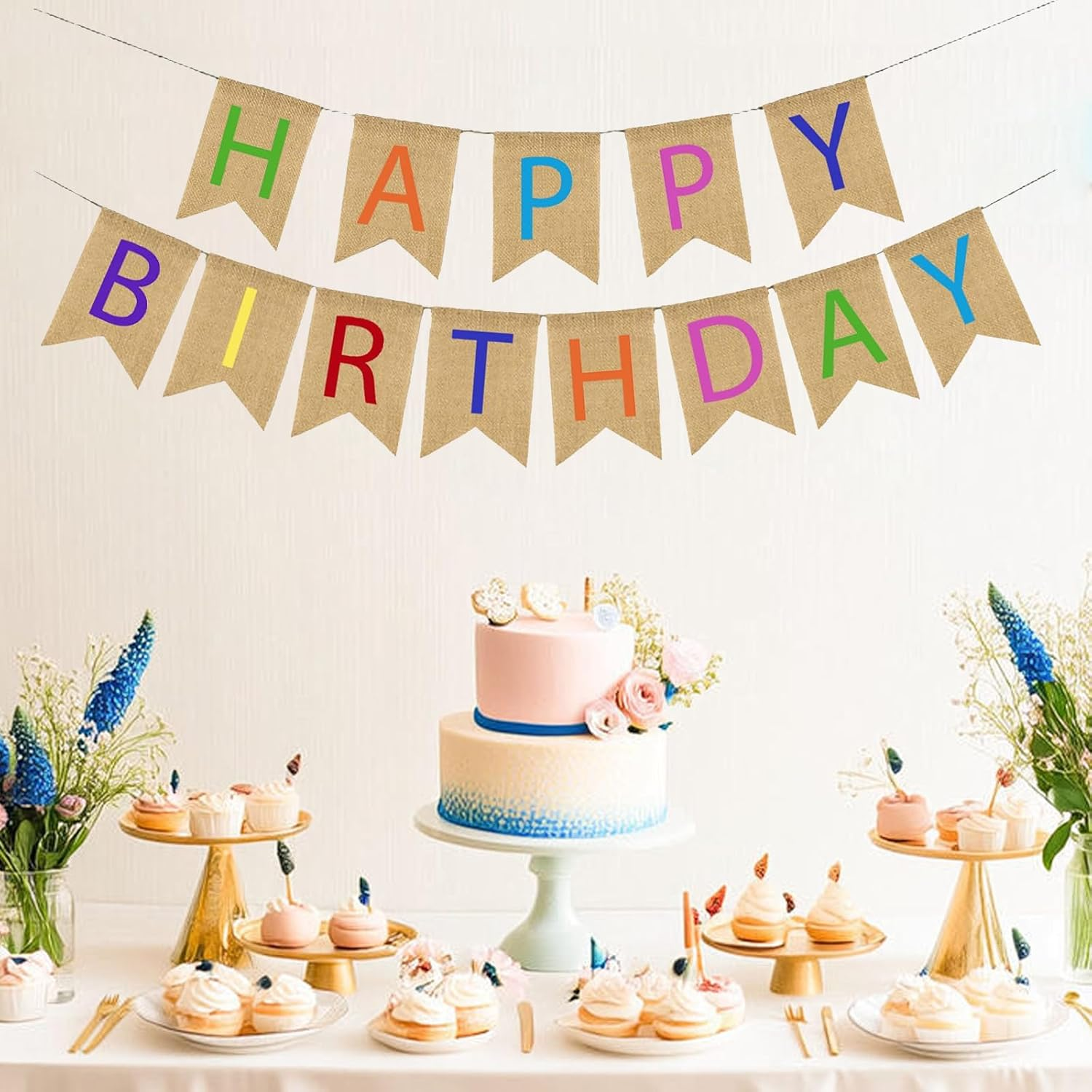 Happy Birthday Banner - 13Ft/4M Imitation Linen Bunting with 13 Swallowtail Flags Birthday Party Decorations for Indoor & Outdoor Celebrations image number 1