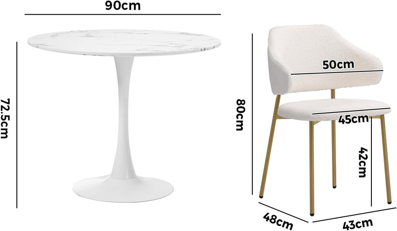 Oikiture Dining Table and Chair Set 90Cm round Table with Dining Chairs Set of 4 Sherpa Kitchen Chair White image number 3