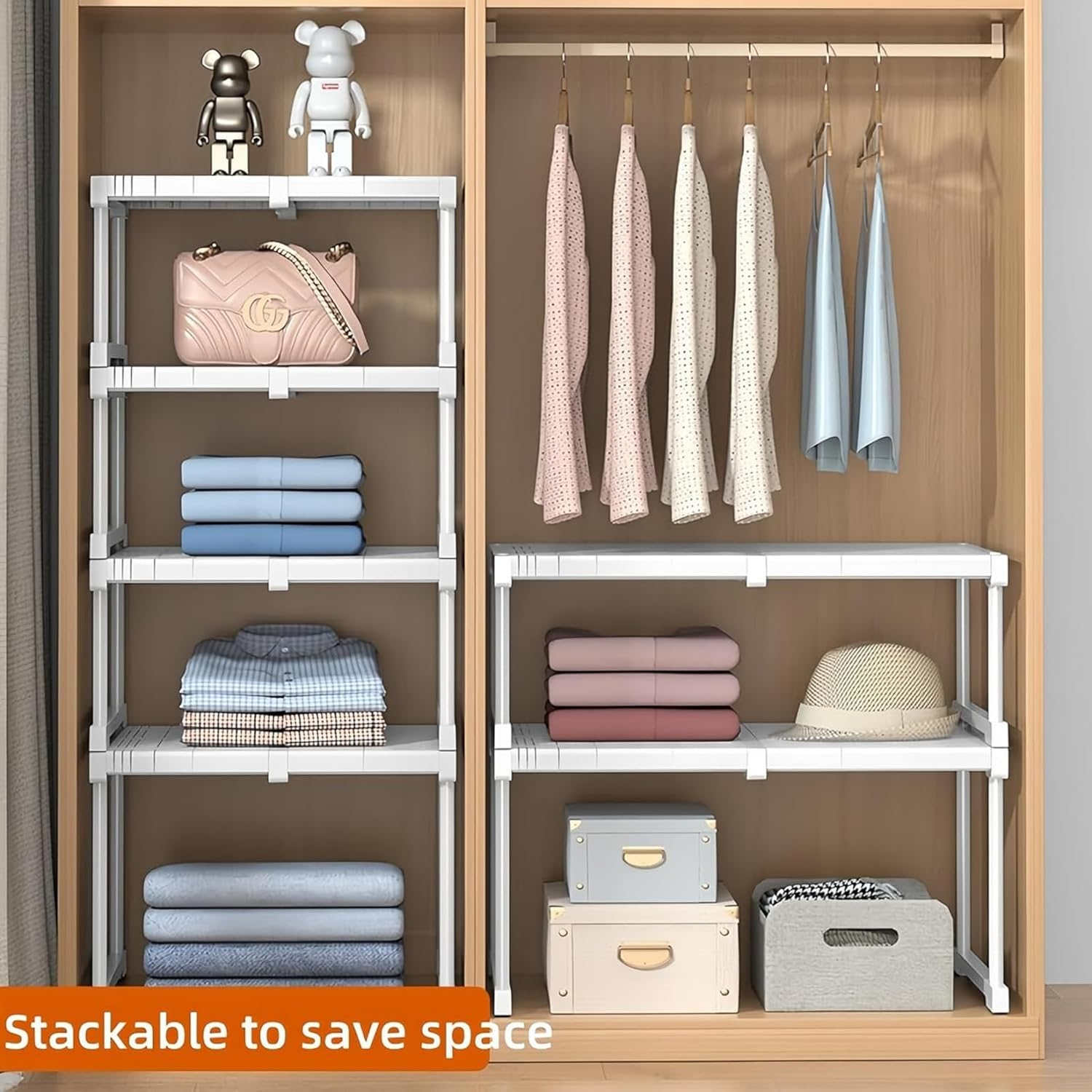 Ssumght Stackable Closet Shelf Expandable Clothes Storage Rack Pantry Cabinet Organizer Wardrobe Divider Separator Stand Shoe Racks for Bathroom, Kitchen (3 Pcs,((67-88) X 42 X 32Cm) image number 4
