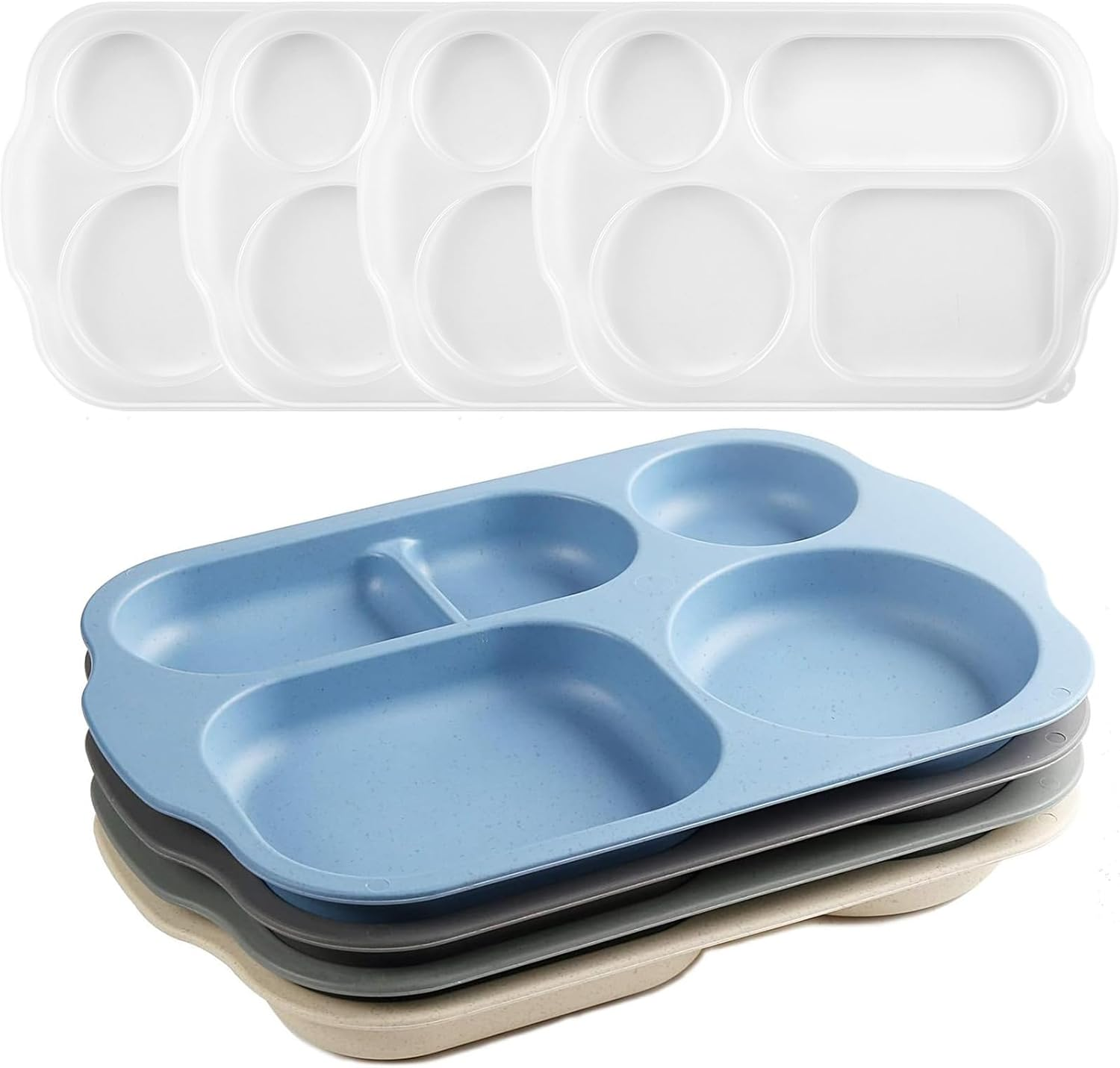 Shopwithgreen Divided Plates for Kids Adults, 12 Inch (4PCS) Plastic Unbreakable Section Plates, Large Lightweight Reusable Compartment Lunch Trays, BPA Free Dishwasher & Microwave Safe