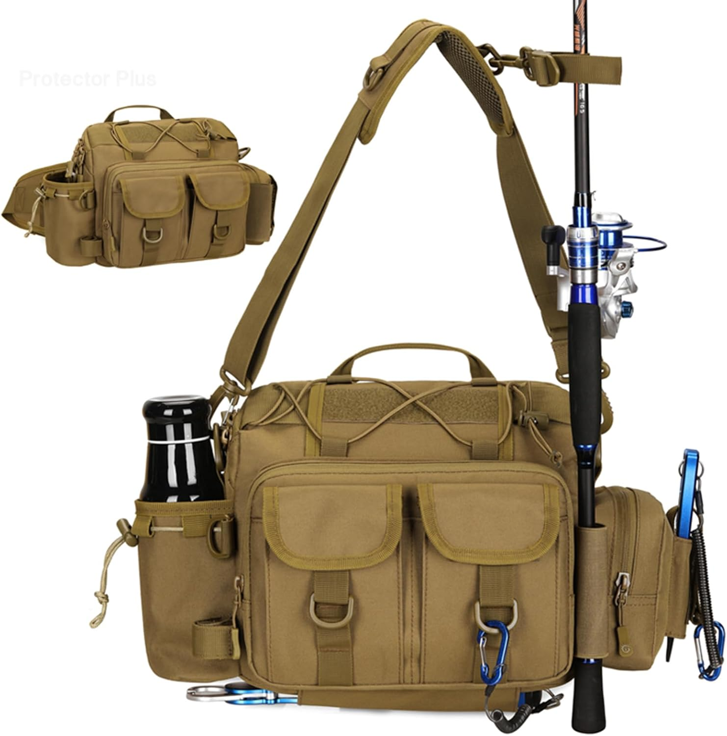 Fishing Tackle Bagcross-Body Sling Fishing Gear Organizer Pack for Fly Fishing Hiking Camping Hunting 1000D Nylon Waterproof (Wolf Brown) image number 5