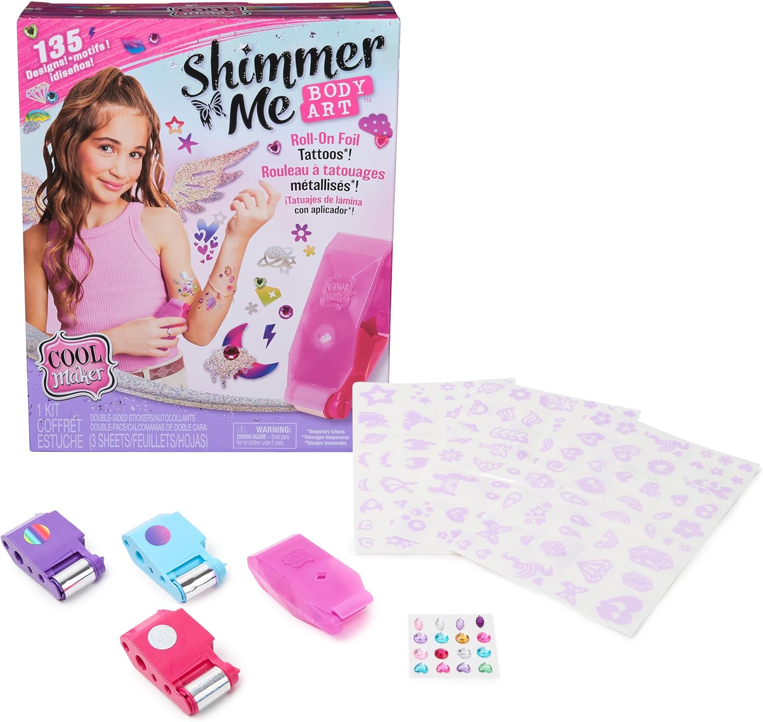 Cool Maker, Shimmer Me Body Art with Roller, Jewels & 3 Foils, 135 Metallic Temporary Tattoo Designs, Arts and Crafts Kids Toys for Girls Ages 7+ image number 4