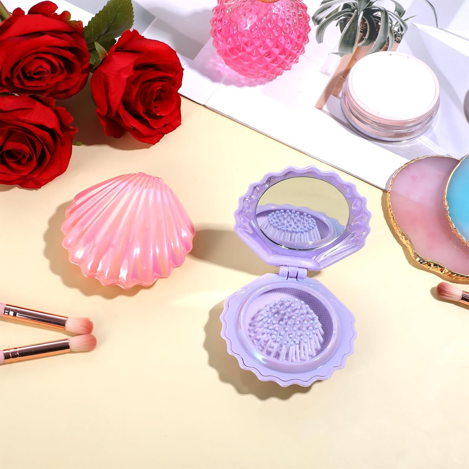 Metallic Shinning Finish Foldable Travel Hair Brush, 2 Pcs Mini Hair Brush with Mirror Shell Shape Portable Hair Brush Pocket Brush Compact Brush Mini Massage Comb Travel Brushes for Hair Women Men image number 1