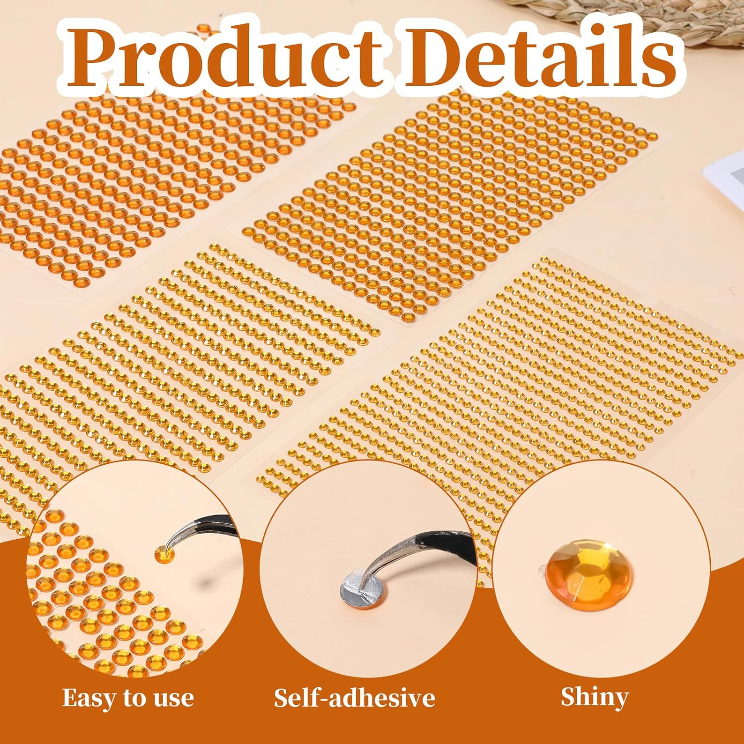 Piriuuo 4 Sheets/1792 Pieces Glitter Stones Self-Adhesive Gemstones Stickers round Acrylic Rhinestones Glitter Stones Face Gemstones for Face, Body, Nails and DIY Crafts, Golden Yellow image number 2