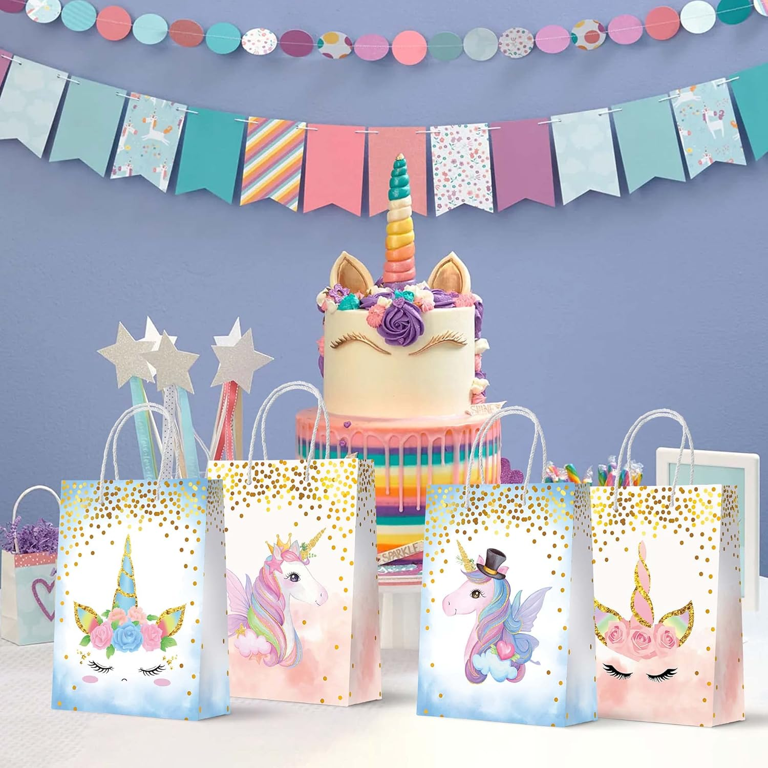 24Pcs Unicorn Party Favor Bags Unicorn Goodie Gift Treat Candy Bags Reusable Goody Kraft Paper Bag with Handle for Party Supplies Birthday Decorations image number 5