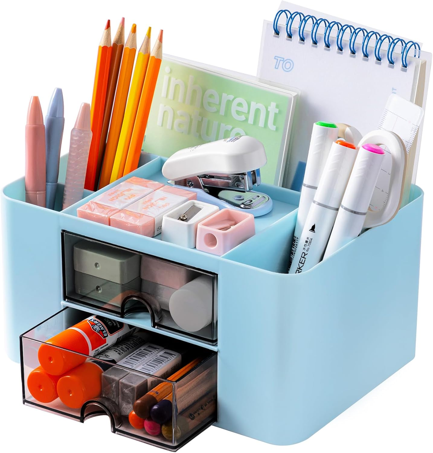 3-Piece Desk Organizer with 2 Drawers, Office Supplies Organizer, Cute Desk Accessories with Plastic, Pen Holder, Blue