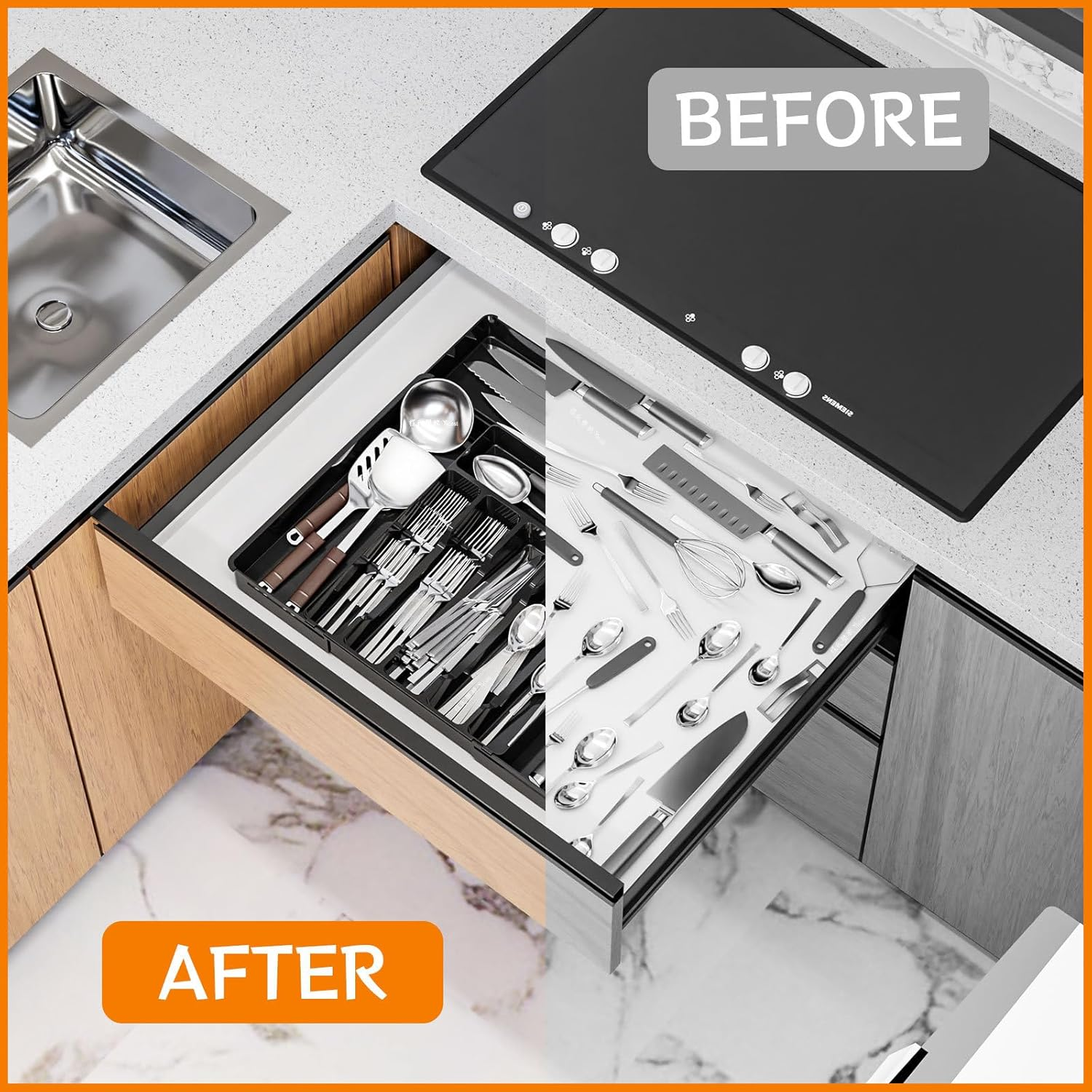 HIGHROCK Kitchen Tableware Storage,Cutlery Drawer Organiser,Expandable Utensil Tray, Adjustable Cutlery and Flatware Holder, Spoon Forks Holder (BLACK) image number 4