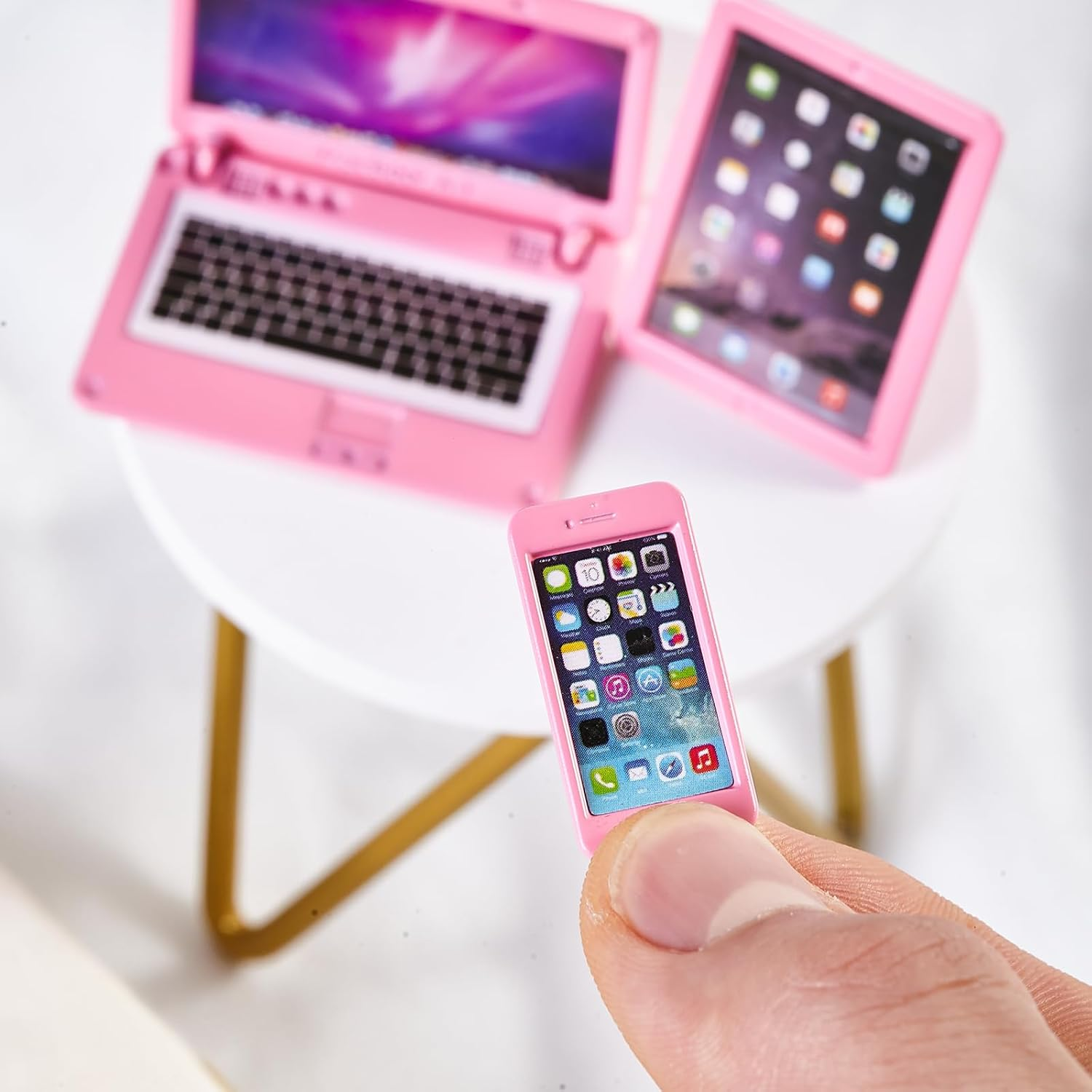 3 Pcs Dollhouse Furniture Accessories Miniature, 1:12 Scale Simulation Metal Laptop Tablet Smart Phone Stuff Doll House Mini Play Set Accessories (Pink) - Computer image number 2